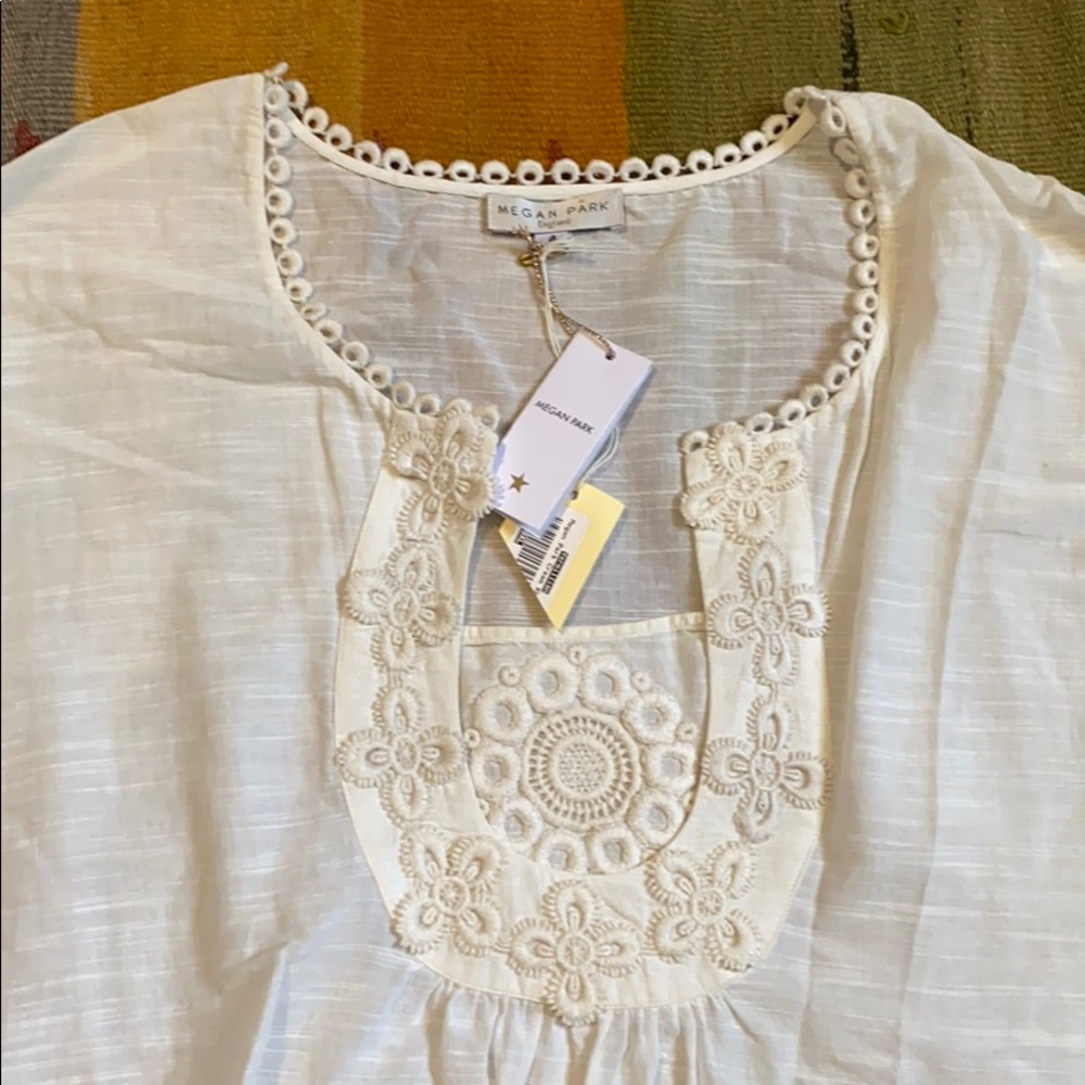 Megan Park NWT White Silk Boho Embroidered Top